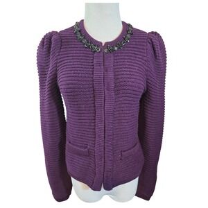 Express Women's Purple Beaded‎ Collar Puff Sleeve Knit Cardigan Sweater XS